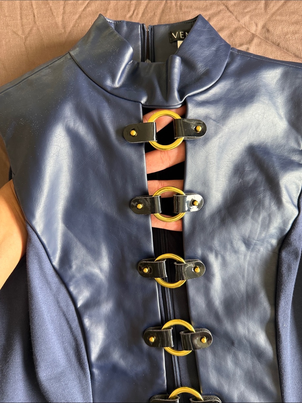 VENUS Navy Faux-Leather Sleeveless Top with Gold Buckle Details - Picture 3 of 5